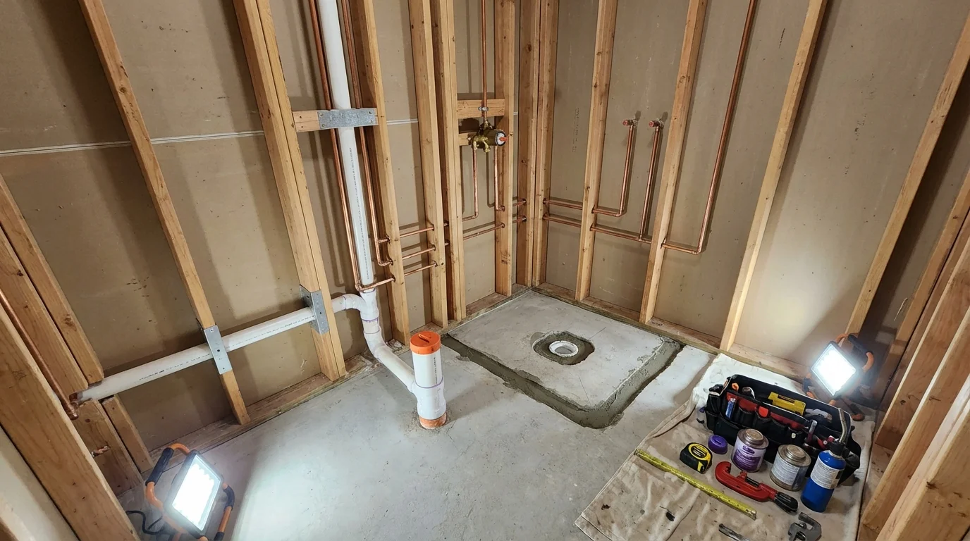 Bathroom rough-in plumbing during remodel by Johns Plumbing LLC in Sinton