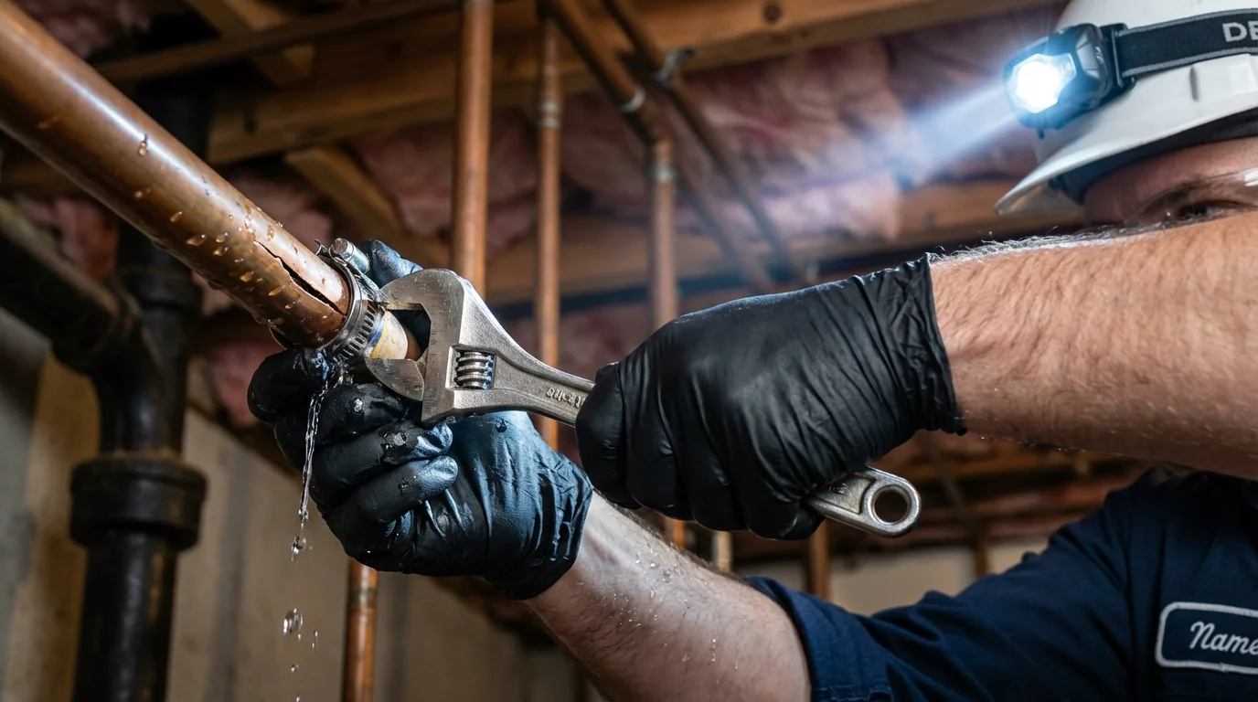 Emergency pipe clamp repair being performed by a Johns Plumbing LLC plumber in Sinton