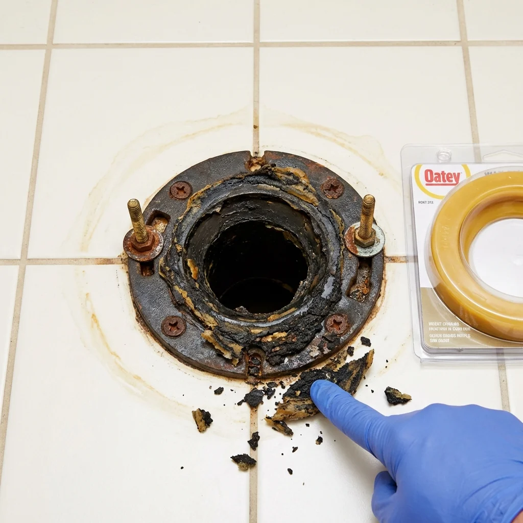 Failed wax ring showing water seepage at the base of a toilet in a Sinton, TX home
