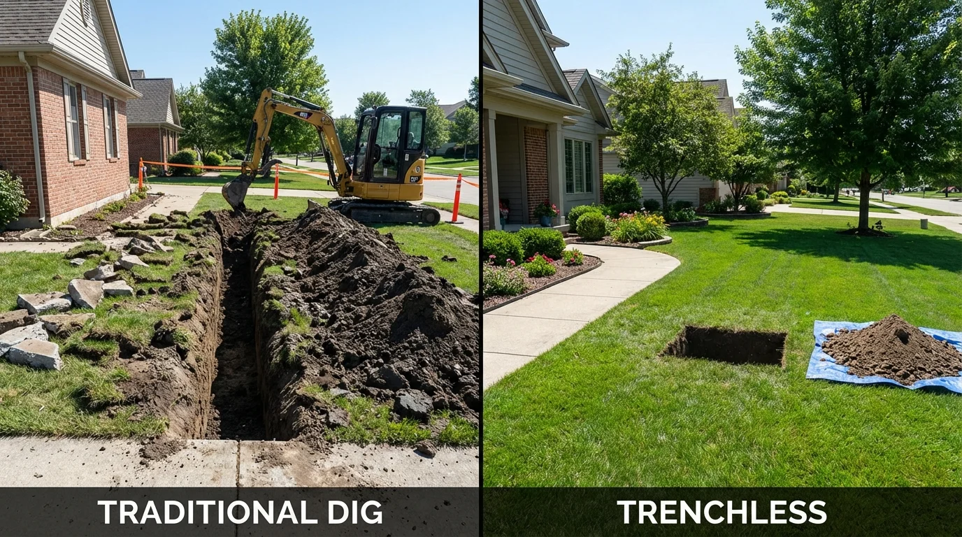 Trenchless sewer repair with minimal yard damage versus traditional excavation in Sinton, TX