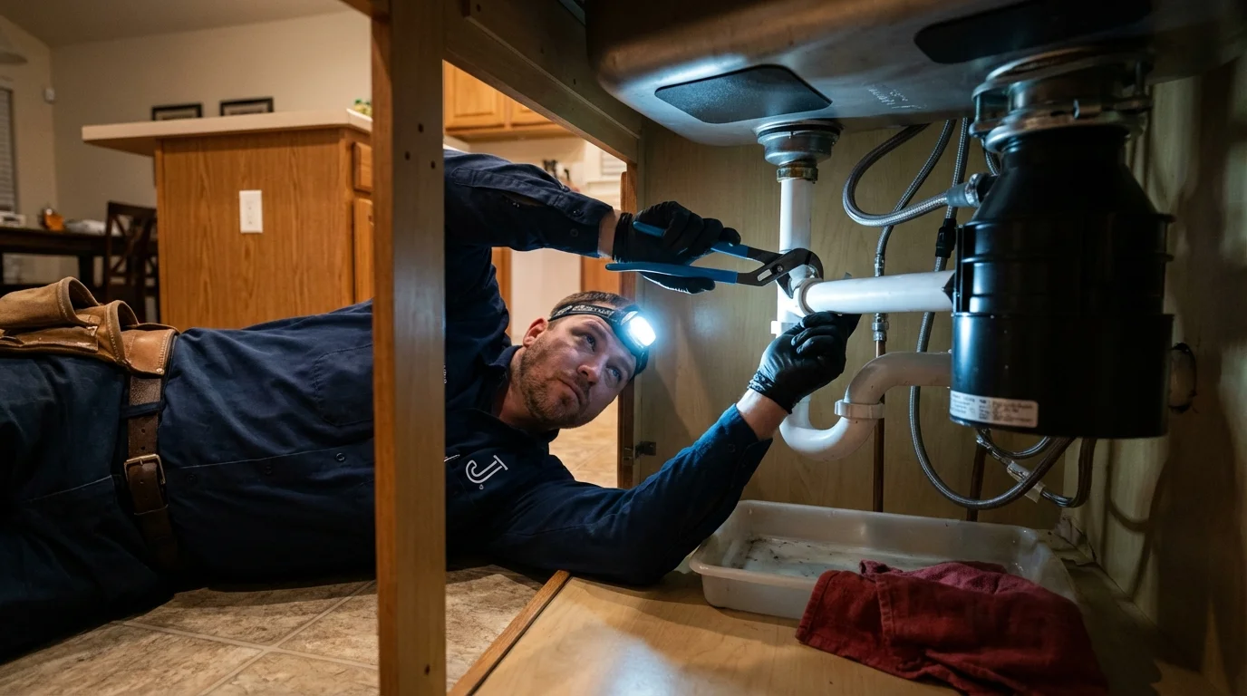 P-trap and supply line connections under a kitchen sink showing a common leak point in Sinton, TX